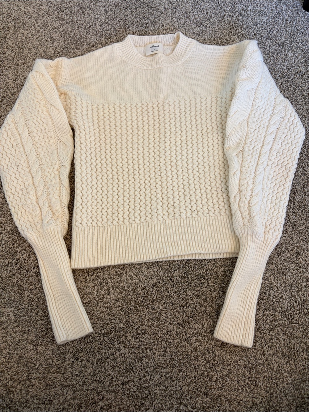 Wilfred Cream 100% Merino Wool Cable & Basketweave Crewneck Sweater
